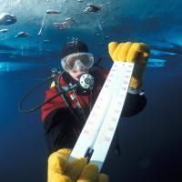 Plongée sous glace au lac Sainte Anne au dessus de Ceillac dans le Queyras, à 2409 mètres - L'eau est à -2 degrés juste sous la glace - Hautes-Alpes – France